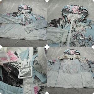 Nike‎ Jacket Womens XXL White Pink Floral Light Pack Full Zip Windrunner Cropped